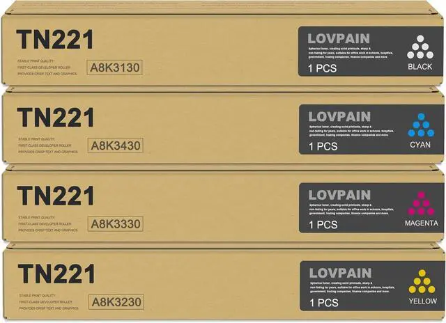 Main image of TN221 Toner Cartridge set (4 Pack, 1BK/1C/1M/1Y) - Lovn Compatible TN221K TN221C TN221M TN221Y Toner Cartridge Replacement for Konica Minolta bizhub C227 C287 C367 Printer, (A8K3130 A8K3430 A8K3230 A8