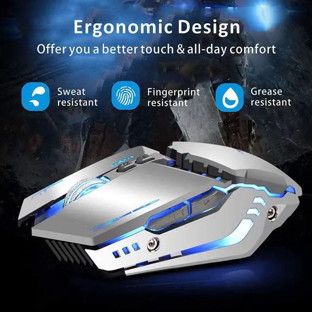 Alt view image 2 of 7 - TENMOS T12 Wireless Gaming Mouse Rechargeable, 2.4G Silent Optical Wireless Computer Mice with Changeable LED light for Laptop PC, 7 Buttons, 3 Adjustable DPI (Silver)