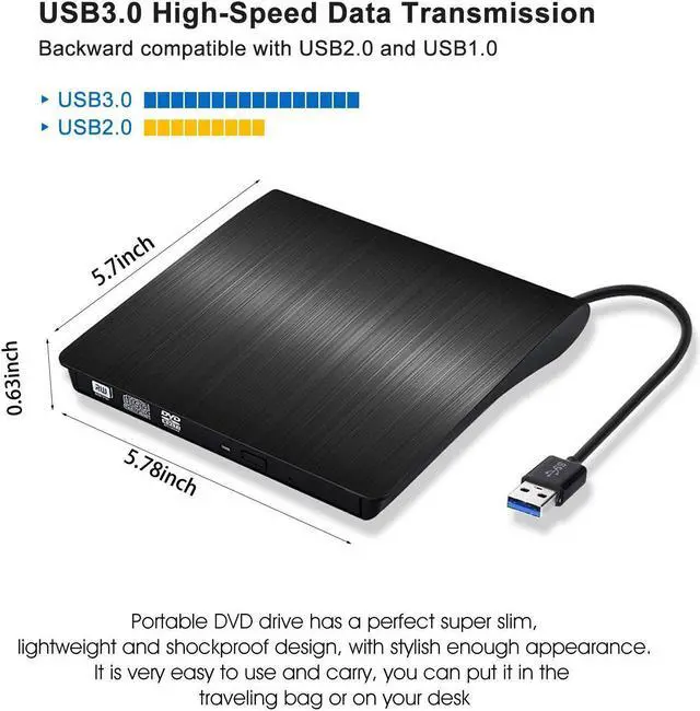 Alt view image 3 of 7 - EVESKY [Updated Version] External CD Drive, ACETEND USB 3.0 Portable CD DVD +/-RW Drive Slim DVD/CD ROM Rewriter Burner Writer, High Speed Data Transfer for Laptop Notebook PC Desktops (Gray)