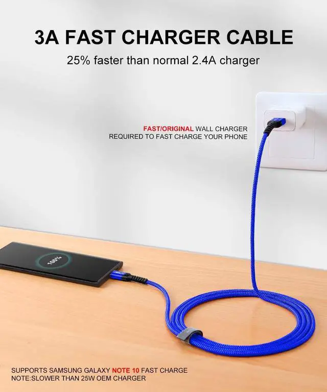 Alt view image 4 of 7 - USB-C Cable 3A Fast Charging JSAUX 3-Pack (10ft+6.6ft+3.3ft)USB A to Type C Charge Nylon Braided Cord Compatible with Samsung Galaxy S20 S10 S9 S8 Plus Note 10 9 8PS5 ControllerUSB C Charger(Blue)