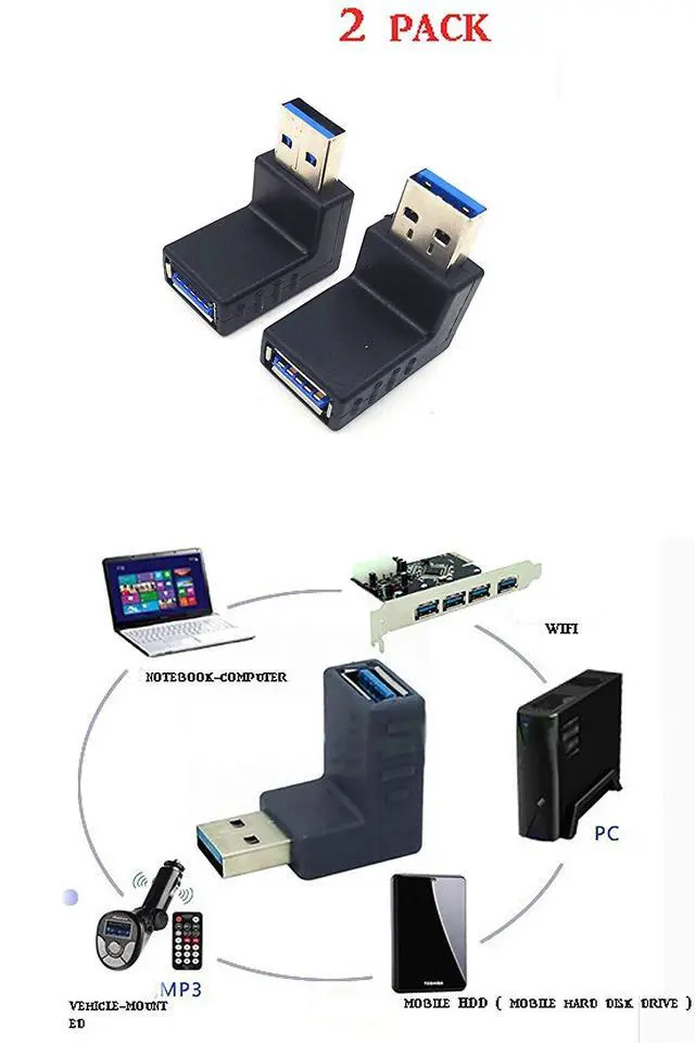Alt view image 5 of 7 - EVESKY 2pcs USB 3.0 up down Male to Female Extension Adapter Combo Upward and Downward 90 degree Right Angle USB 3.0 Super-speed Connector Adapter(BLACK)