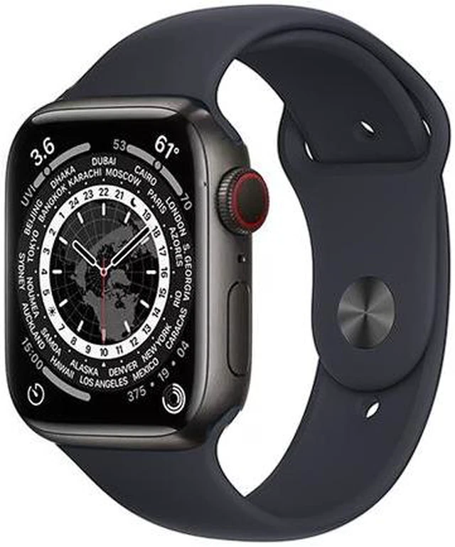 Main image of Apple Watch Series 7 45mm GPS + Cellular Unlocked - Space Black Titanium Case - Black Sport Band (2021) - Very Good Condition