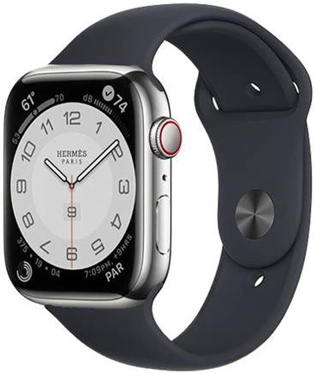 Main image of Apple Watch Series 7 Hermes Edition 41mm GPS + Cellular - Silver Stainless Steel Case - Black Sport Band (2021) - Very Good Condition