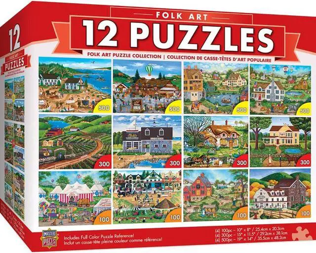Main image of masterpieces folk art collection bundle, jigsaw puzzle, old world scenes & culture, 12pack, 100, 300, 500 pieces, assorted