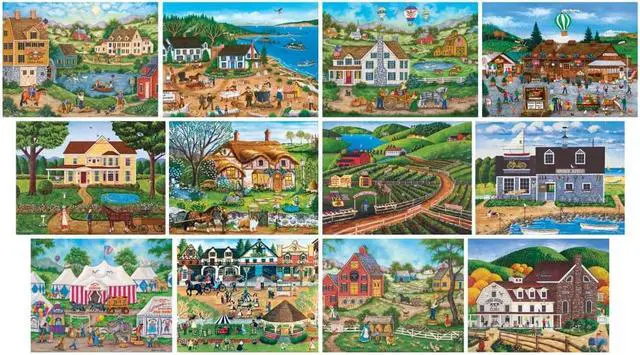 Alt view image 2 of 9 - masterpieces folk art collection bundle, jigsaw puzzle, old world scenes & culture, 12pack, 100, 300, 500 pieces, assorted