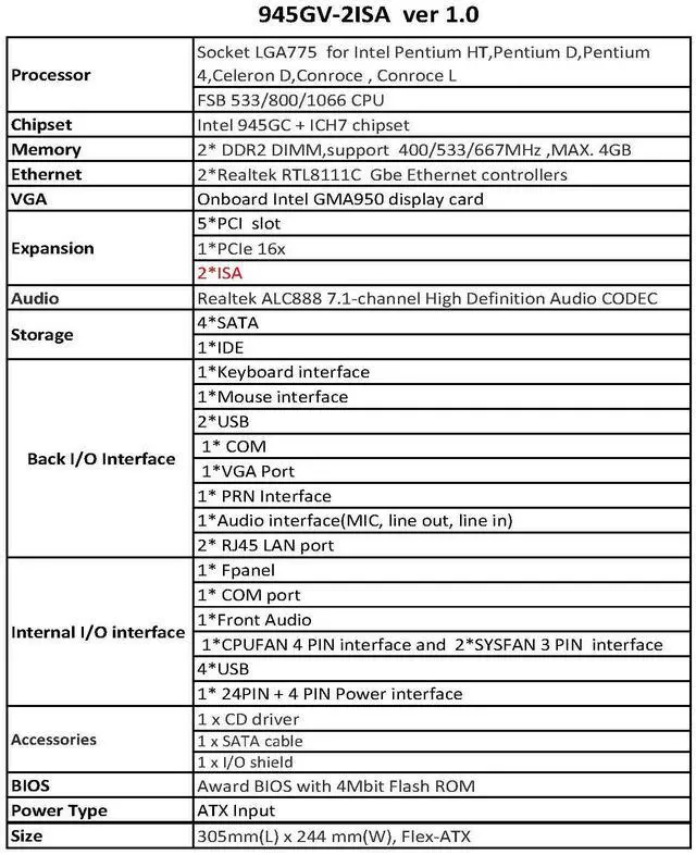 Alt view image 4 of 7 - ISA Motherboard 945 945GV ISA Slot Industrial Motherboard LGA775  2* ISA Slots 2* COM 5* PCI 2* RJ45 Ports ISA PCI Mainboard 945GC Replace AIMB-769