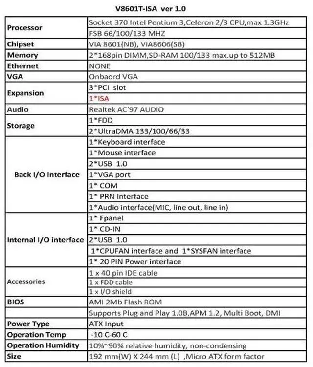 Alt view image 2 of 3 - Roby Technology VIA8601T-ISA mATX 3 PCI Mother board,Chipset VIA8601T ,Socket 370 Pentium 3,Celeron 2/3 CPU,2 SDRAM Slots (#F8601T01)
