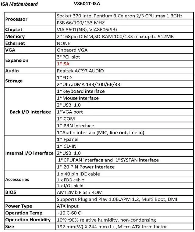 Alt view image 4 of 7 - ISA Motherboard V8601T ISA Mainboard mATX,with 3 PCI 1 ISA Slots,Chipset Via 8601,Socket 370 Pentium 3,Celeron 2/3 CPU,2 SDRAM Slots 8601T For Industrial Server Computer Desktop (#86015)