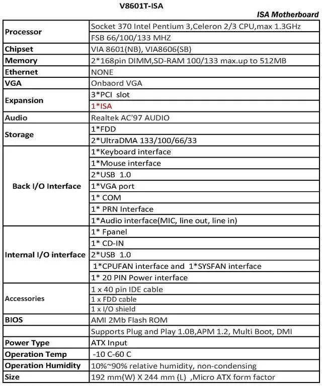 Alt view image 3 of 7 - ISA Mainboard,mATX 3 PCI Slot Motherboard,V8601T 8601,with 1 ISA Slot,for Socket 370 Pentium 3,Celeron 2/3 CPU,2 SDRAM Slots for Industrial Computer Server IPC