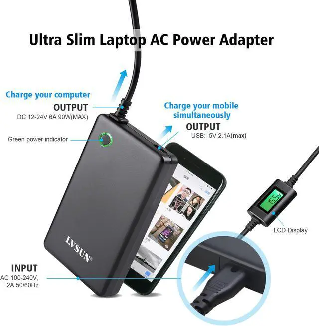 Alt view image 4 of 7 - 90 Watt Ultra Slim Universal Laptop Ac Adapter Notebook Power Supply with 12 Multiple DC Tips Fit for HP DELLL Lenovo Thinkpad Sony Compaq Asus Acer Toshiba Samsung Etc