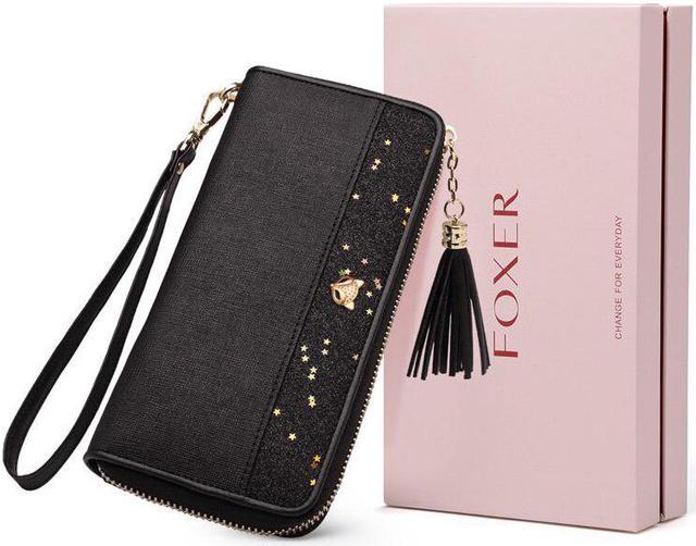 Foxer Glitter Bifold Wallets for Women, Split Cowhide Gift Box Packing Ladies Leather Clutch Purses with Zipper Coin Pocket Womens Credit Card Holder