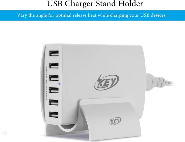 Alt view image 2 of 7 - Key Power 60 Watt 12 Amps 6-Port USB Charger Travel Wall Charger for iPhone 7 / 7 Plus, iPad, Samsung Galaxy S6 / S7 and USB charged devices
