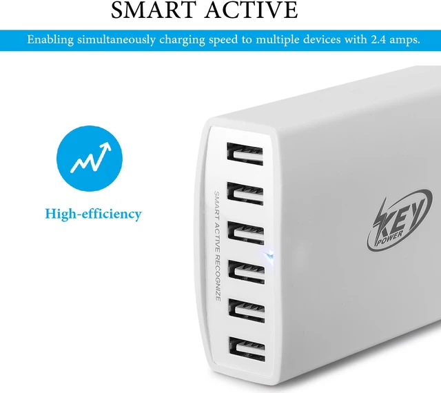 Alt view image 3 of 7 - Key Power 60 Watt 12 Amps 6-Port USB Charger Travel Wall Charger for iPhone 7 / 7 Plus, iPad, Samsung Galaxy S6 / S7 and USB charged devices