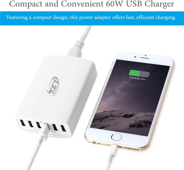 Alt view image 5 of 7 - Key Power 60 Watt 12 Amps 6-Port USB Charger Travel Wall Charger for iPhone 7 / 7 Plus, iPad, Samsung Galaxy S6 / S7 and USB charged devices