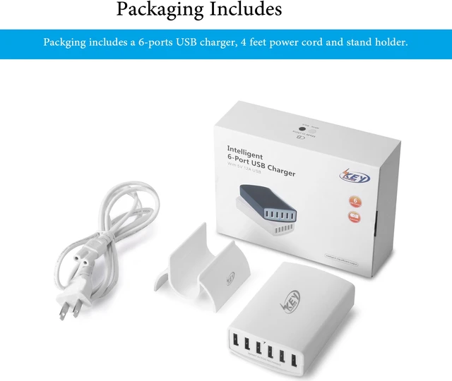 Alt view image 7 of 7 - Key Power 60 Watt 12 Amps 6-Port USB Charger Travel Wall Charger for iPhone 7 / 7 Plus, iPad, Samsung Galaxy S6 / S7 and USB charged devices