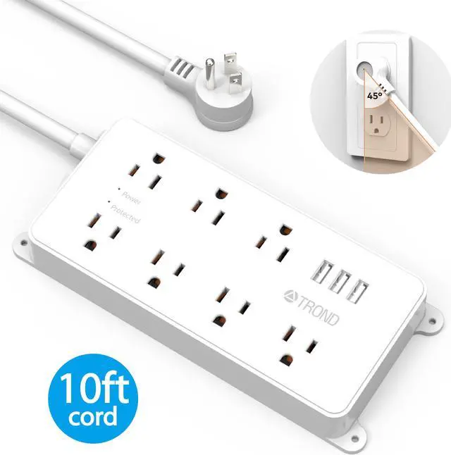 Main image of TROND Power Strip Surge Protector, 7 Widely Spaced Outlets 3 USB Charging Ports , ETL Listed, Wall Mount Flat Plug 10ft Extension Cord 14AWG Heavy Duty 1700J, for Home, Office Garage, White