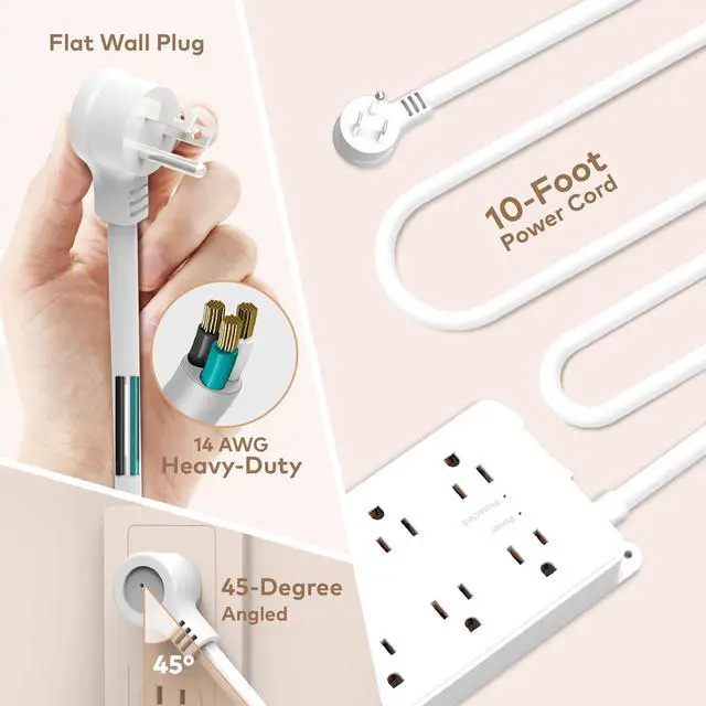 Alt view image 3 of 7 - TROND Power Strip Surge Protector, 7 Widely Spaced Outlets 3 USB Charging Ports , ETL Listed, Wall Mount Flat Plug 10ft Extension Cord 14AWG Heavy Duty 1700J, for Home, Office Garage, White