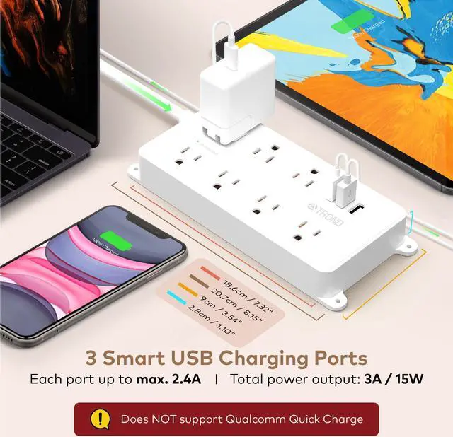 Alt view image 4 of 7 - TROND Power Strip Surge Protector, 7 Widely Spaced Outlets 3 USB Charging Ports , ETL Listed, Wall Mount Flat Plug 10ft Extension Cord 14AWG Heavy Duty 1700J, for Home, Office Garage, White