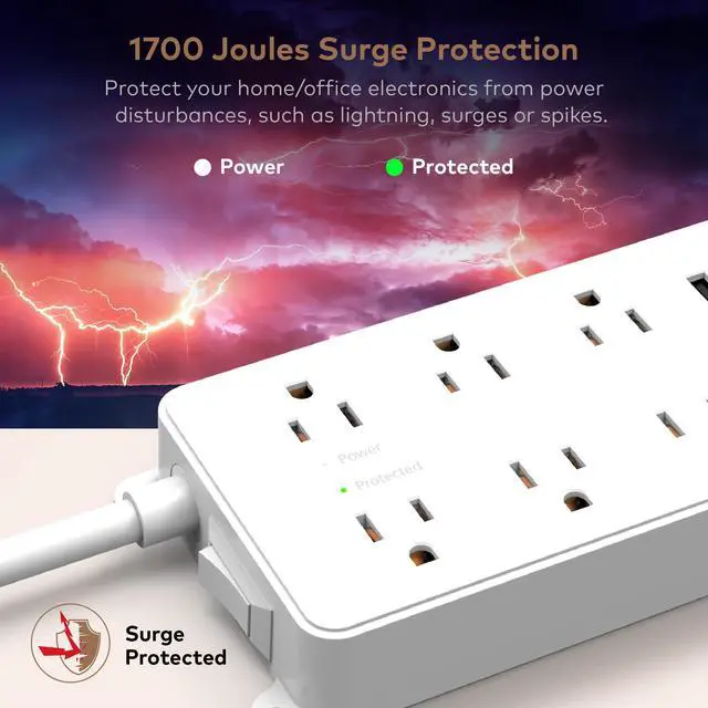 Alt view image 5 of 7 - TROND Power Strip Surge Protector, 7 Widely Spaced Outlets 3 USB Charging Ports , ETL Listed, Wall Mount Flat Plug 10ft Extension Cord 14AWG Heavy Duty 1700J, for Home, Office Garage, White