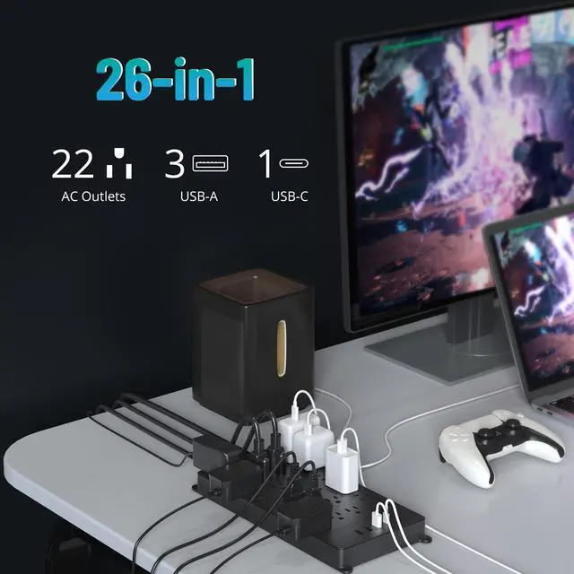 Alt view image 2 of 7 - TROND Surge Protector Power Strip, 22 Widely Spaced Outlets with 4 USB Ports (1 USB C), Wall Mount, 4000 Joules, ETL Listed, 10 ft Flat Plug Heavy Duty Extension Cord for Home, Office, Dorm Essential