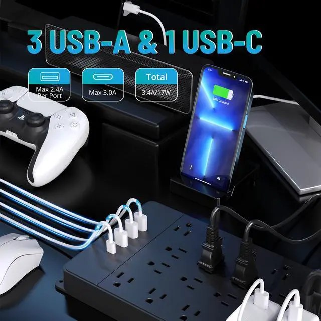 Alt view image 4 of 7 - TROND Surge Protector Power Strip, 22 Widely Spaced Outlets with 4 USB Ports (1 USB C), Wall Mount, 4000 Joules, ETL Listed, 10 ft Flat Plug Heavy Duty Extension Cord for Home, Office, Dorm Essential