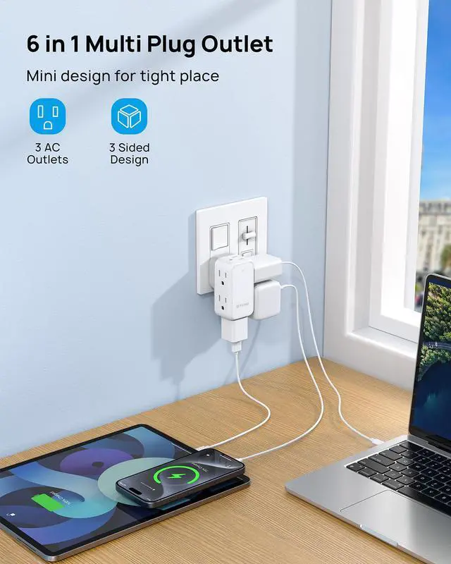 Alt view image 3 of 7 - TROND Multi Plug Outlet Extender - Wall Outlet Splitter with 360° Rotating Plug, 6 AC Outlet Adapter, 3-Sided Swivel Plug Expander, Small Electrical Outlet Extender for Travel Cruise Home Dorm Room