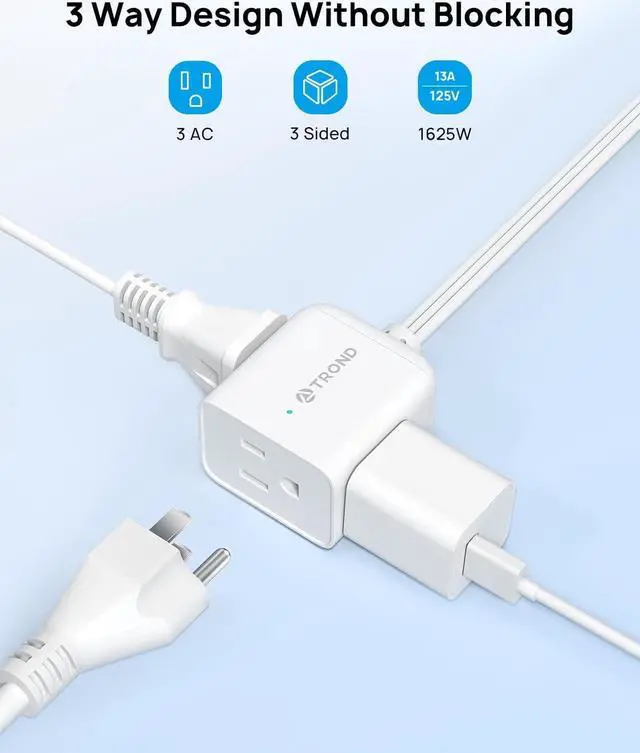 Alt view image 2 of 6 - TROND Flat Extension Cord 6 Feet - Left Angled Flat Plug Power Strip, 16 AWG Power Cord Extension Indoor, 3 Prong Extension Cord with Multiple 3 Outlets for Office Home Kitchen Appliances, White