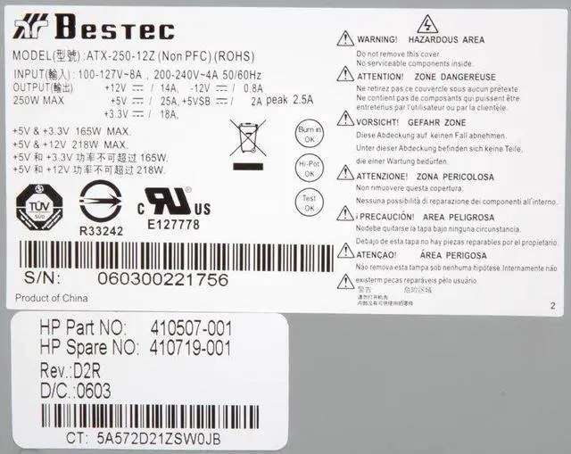 Alt view image 3 of 6 - Bestec ATX-250-12Z-D2R Genuine 250W 24-Pin Power Supply HP P/N 410507-001