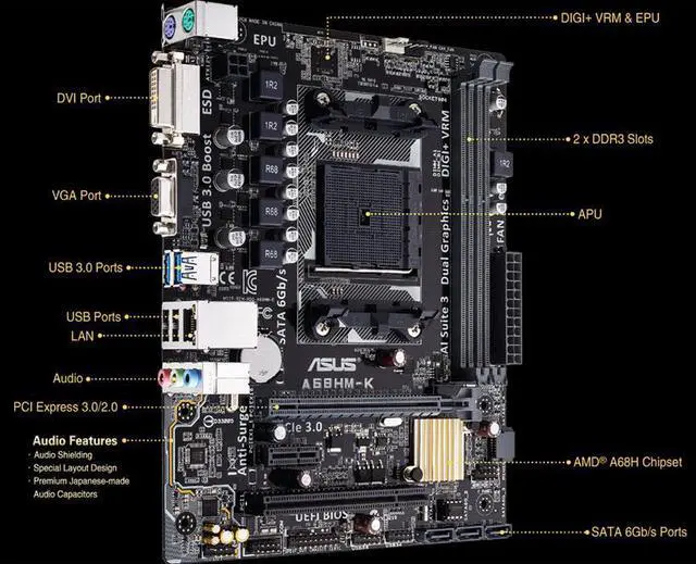 Alt view image 5 of 5 - ASUS A68HM-K AMD FM2+ Socket A68H Chipset Micro ATX Motherboard