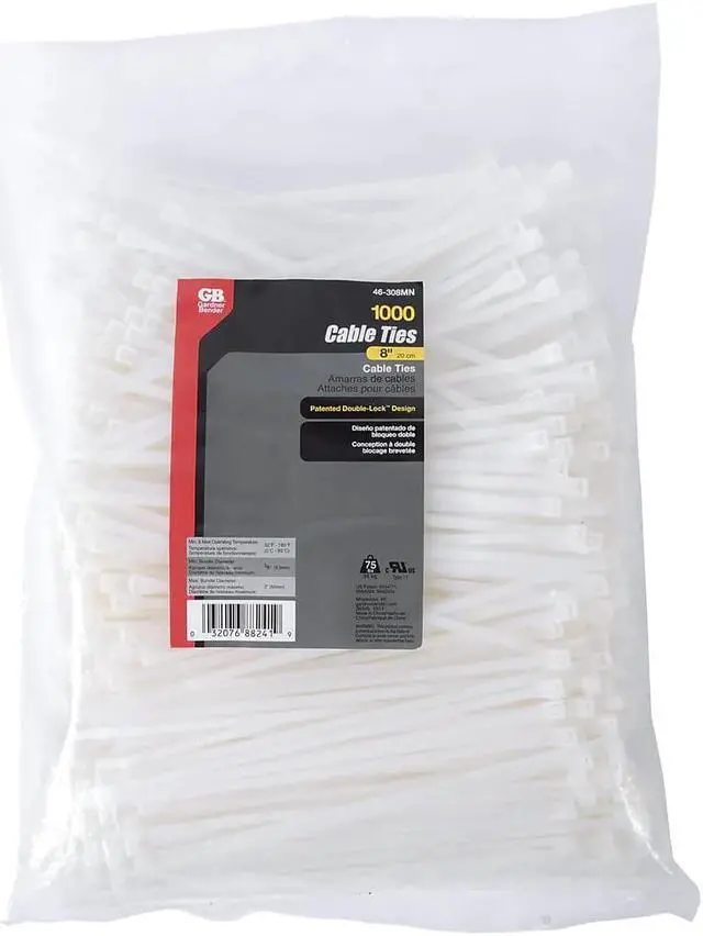 Alt view image 9 of 10 - Standard Cable Ties with Doublelock, 75 Lb Tensile Strength, 8 In, Natural, 1,000/Bag