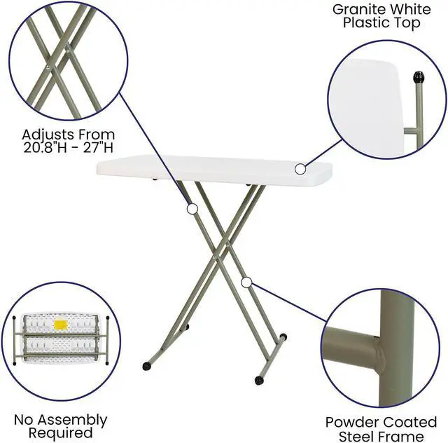 Alt view image 14 of 20 - 30 Inch Granite White Indoor/Outdoor Plastic Folding Table, Adjustable Height Commercial Grade Side Table, Laptop Table, TV Tray