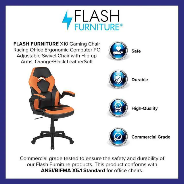 Alt view image 15 of 20 - X10 Gaming Chair Racing Office Ergonomic Computer PC Adjustable Swivel Chair with Flip-up Arms, Orange/Black LeatherSoft