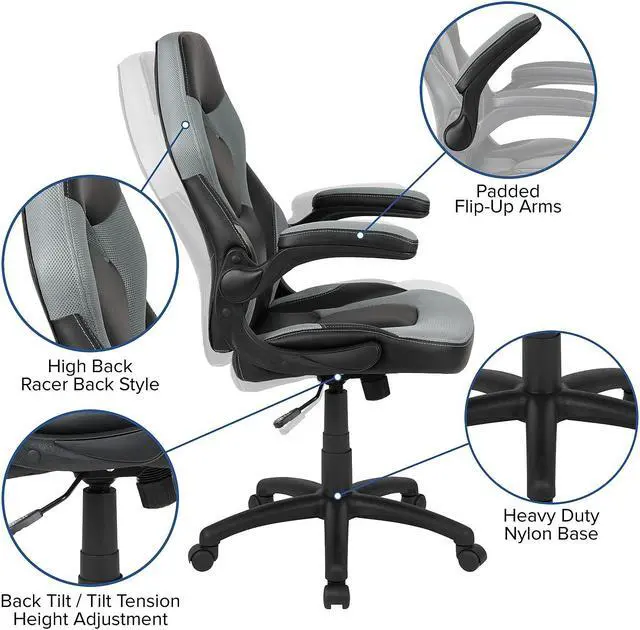 Alt view image 17 of 20 - X10 Gaming Chair Racing Office Ergonomic Computer PC Adjustable Swivel Chair with Flip-up Arms, Gray/Black LeatherSoft
