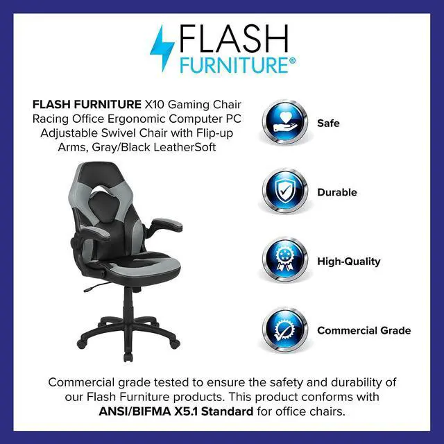 Alt view image 15 of 20 - X10 Gaming Chair Racing Office Ergonomic Computer PC Adjustable Swivel Chair with Flip-up Arms, Gray/Black LeatherSoft