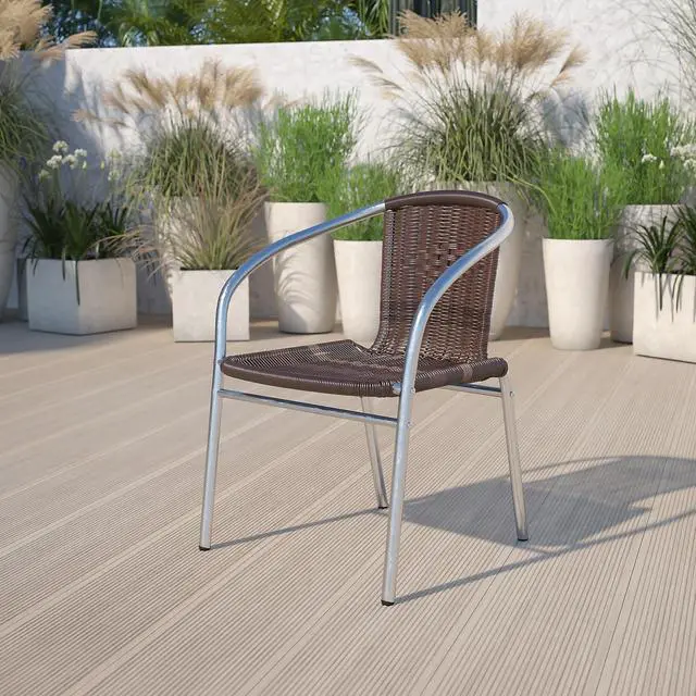 Alt view image 14 of 20 - Commercial Aluminum and Dark Brown Rattan Indoor-Outdoor Restaurant Stack Chair