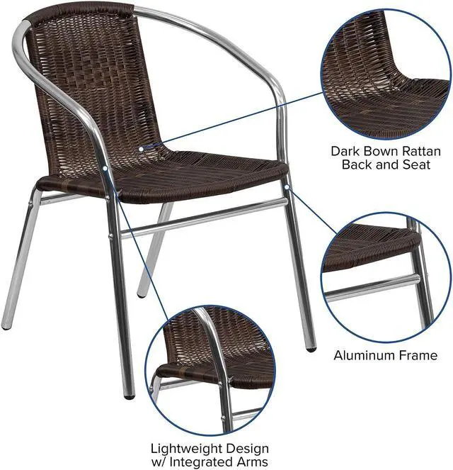 Alt view image 17 of 20 - Commercial Aluminum and Dark Brown Rattan Indoor-Outdoor Restaurant Stack Chair