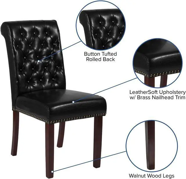 Alt view image 13 of 20 - HERCULES Series Black Leather Parsons Chair with Rolled Back, Accent Nail Trim and Walnut Finish