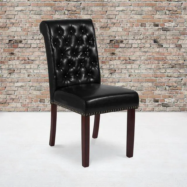 Alt view image 11 of 20 - HERCULES Series Black Leather Parsons Chair with Rolled Back, Accent Nail Trim and Walnut Finish