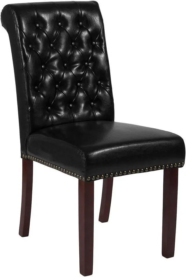 Alt view image 10 of 20 - HERCULES Series Black Leather Parsons Chair with Rolled Back, Accent Nail Trim and Walnut Finish