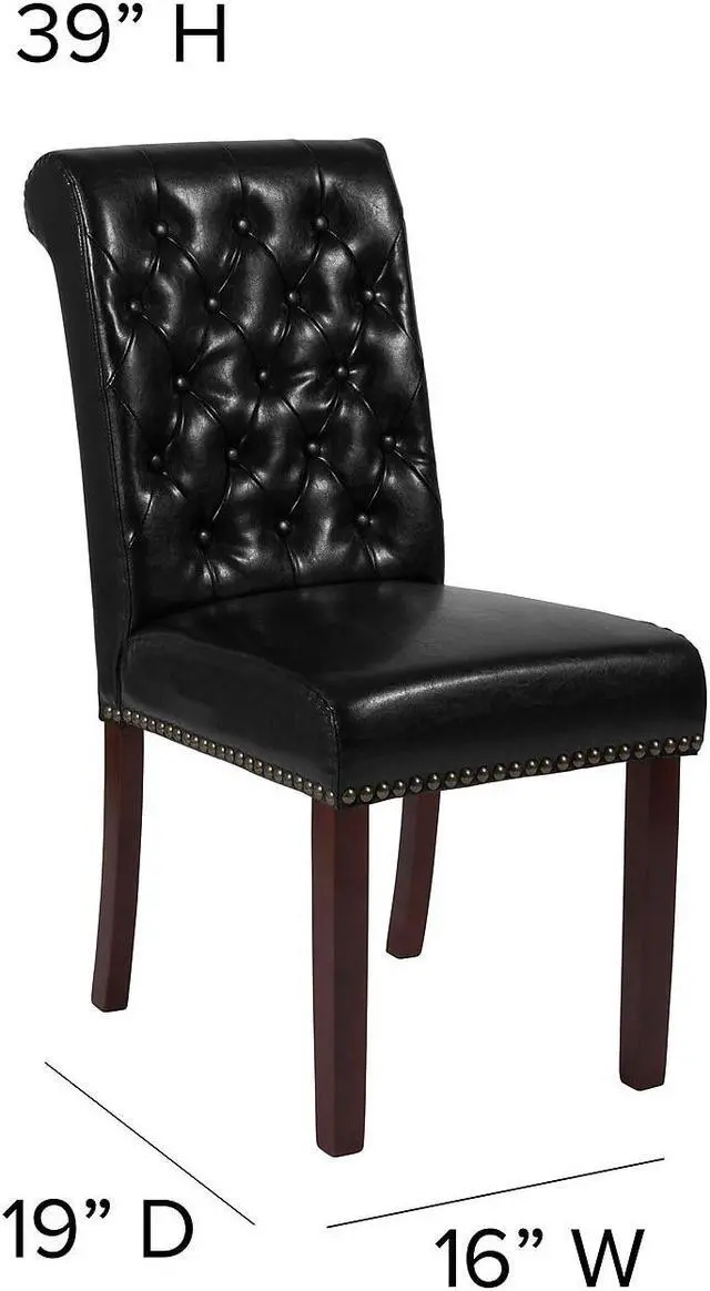 Alt view image 14 of 20 - HERCULES Series Black Leather Parsons Chair with Rolled Back, Accent Nail Trim and Walnut Finish
