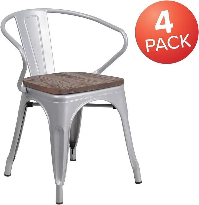 Alt view image 9 of 14 - FLASH FURNITURE 4-CH-31270-SIL-WD-GG Silver Metal Chair with Wood Seat and Arms
