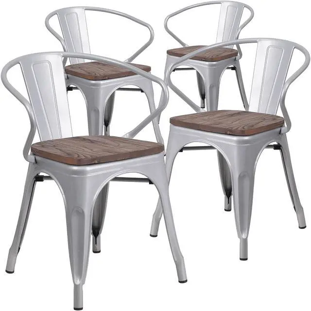 Alt view image 8 of 14 - FLASH FURNITURE 4-CH-31270-SIL-WD-GG Silver Metal Chair with Wood Seat and Arms