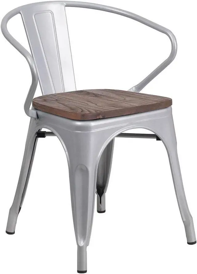 Alt view image 12 of 14 - FLASH FURNITURE 4-CH-31270-SIL-WD-GG Silver Metal Chair with Wood Seat and Arms