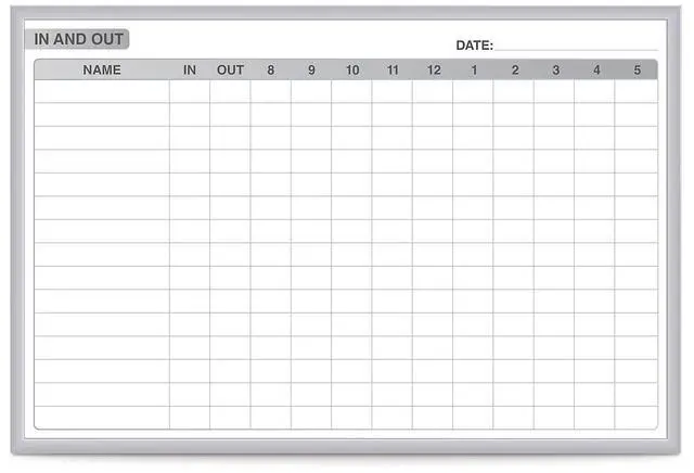 Main image of Ghent GRPM301E-34 In/Out Magnetic Whiteboard, Personnel In/Out Tracking Chart - 48.5" x 36.5" - White/Gray Surface, Satin Aluminum Frame