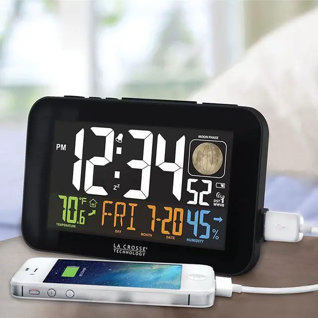 Alt view image 8 of 11 - La Crosse Technology 617-1485B Atomic Color Alarm Clock With Indoor Temperature & Humidity