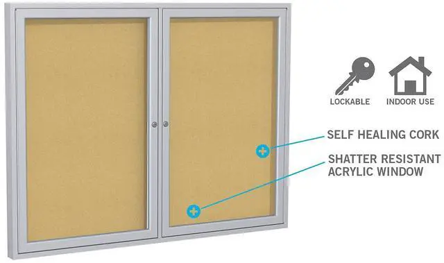 Alt view image 7 of 7 - Ghent PA24860K 2 Door Enclosed Natural Cork Bulletin Board with Satin Frame - 60" x 48" - Tan Surface, Satin Aluminum Frame