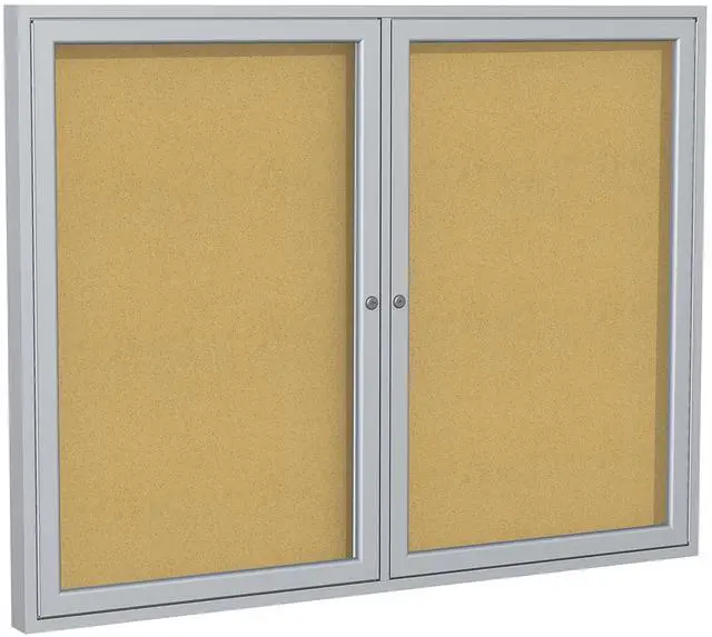 Main image of Ghent PA24860K 2 Door Enclosed Natural Cork Bulletin Board with Satin Frame - 60" x 48" - Tan Surface, Satin Aluminum Frame