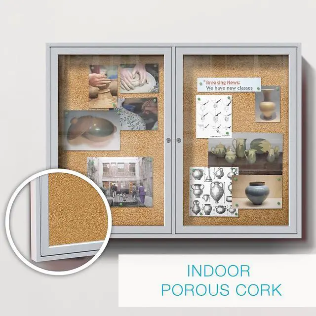 Alt view image 3 of 7 - Ghent PA24860K 2 Door Enclosed Natural Cork Bulletin Board with Satin Frame - 60" x 48" - Tan Surface, Satin Aluminum Frame