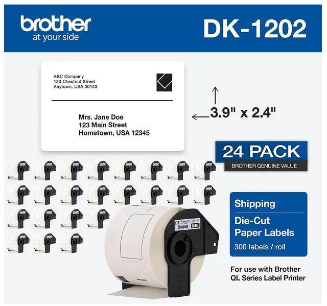 Alt view image 9 of 18 - Brother Genuine DK-120224PK Die-Cut Shipping Labels 300 Labels/Roll 24 Rolls/Box