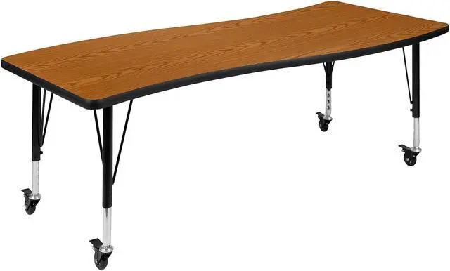 Alt view image 5 of 14 - Mobile 26"W x 60"L Rectangular Wave Flexible Collaborative Oak Laminate Activity Table - Height Adjustable Short Legs